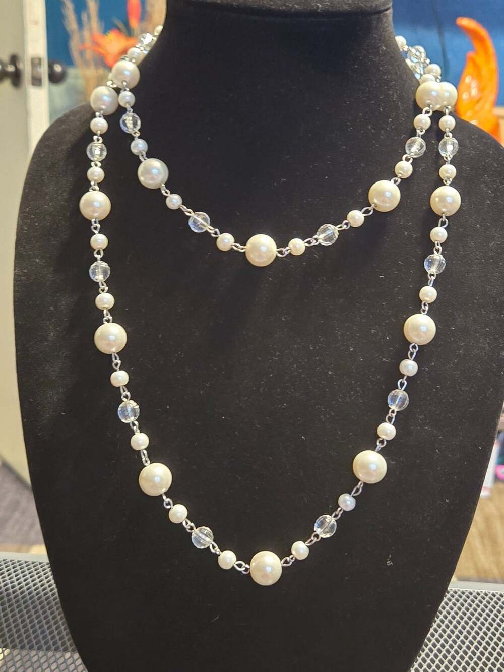 Vintage Estate Long Faux Pearl and Crystal Bead Silver Tone Station Necklace